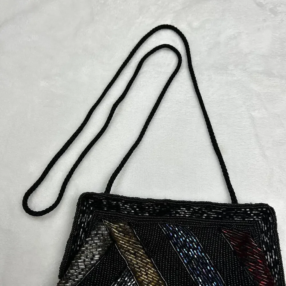 Vintage Beaded Evening Bag Black Rainbow Shoulder Purse Garfinckel's Pocketbook